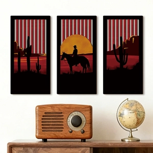 Western Cowboy Wooden Wall Art Panels Silhouette Cactus Desert Sunset Vintage Rustic Home Hanging Decor