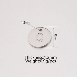 12mm mirrored stainless steel round pendant with letter Q and size specifications