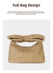 Detail of hand-woven straw hobo bag featuring a large bow handle and secure zipper