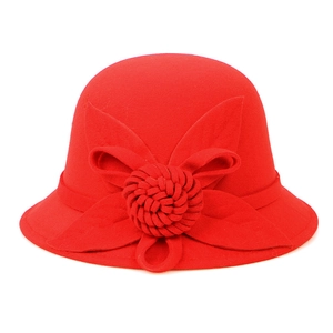 Elegant red wool felt cloche hat for women featuring a stylish 3D flower decoration