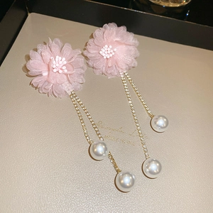 Detail view of pink mesh flower tassel earrings with crystals and hanging pearls