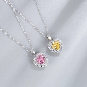 925 sterling silver heart pendant necklace with pink and yellow ice-cut diamonds
