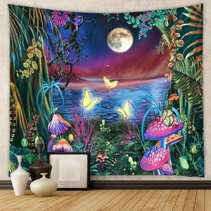 Fantasy Forest Wall Tapestry Polyester Magical Glowing Mushroom Moon Butterfly Aesthetic Hanging Backdrop For Room Decor