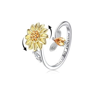 S925 silver sunflower rotating ring with bee and You are my sunshine engraving