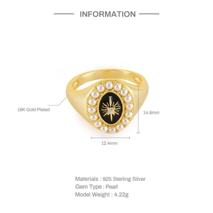 Detail of vintage 18K gold plated ring with black enamel star and pearl halo with dimensions
