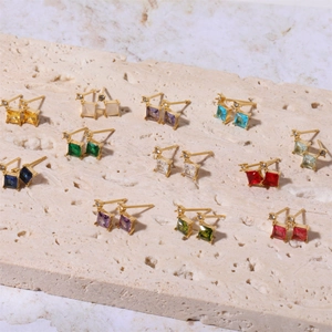 Minimalist square birthstone stud earrings in 18k gold plating with colorful zircon stones