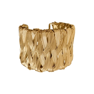 Polished gold braided wide metal open cuff bracelet featuring geometric twisted texture