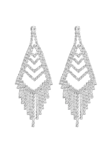 Detail view of silver rhinestone tassel earrings with geometric hollow diamond design