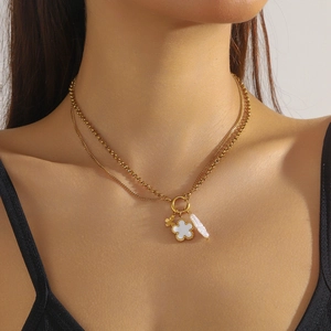Gold double-layered stainless steel necklace with butterfly flower and pearl charms