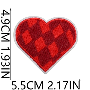 Detail of red checkered heart embroidery patch with white borders and dimensions