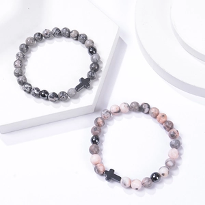 Natural 8mm Pink Zebra and Map Stone beaded bracelets with a matte black cross charm
