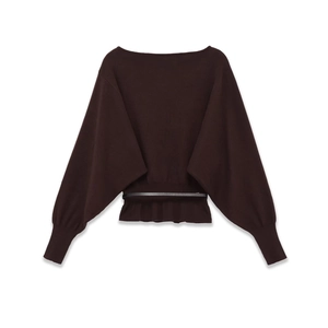 Maglione in maglia marrone cioccolato con maniche a pipistrello e cintura nera decorativa