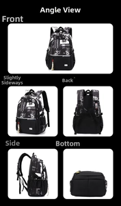 Multiple views showing the 35L large capacity backpack and ergonomic back design