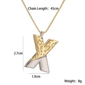Detailed dimensions of gold and silver tone letter X pendant necklace with 45cm chain