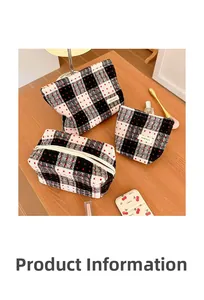 Close-up of three-piece set plaid tweed makeup bags with red dots on a wooden desk