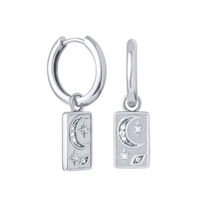 Silver star and moon earrings set with white zircon stones and rectangular pendants