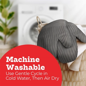 Detail of dark grey heat-resistant silicone oven mitts with machine washable instruction