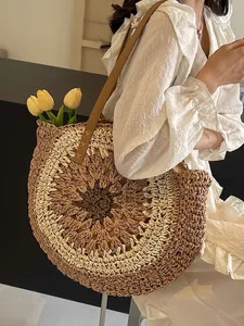 Round Straw Shoulder Bag Handwoven Sunflower Pattern Summer Beach Vacation Tote PU Leather Straps Women Large Capacity
