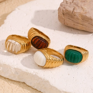 Retro 18K gold plated stainless steel chunky rings with square colorful acrylic stones