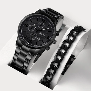 Men's Quartz Watch And Cuban Chain Bracelet Alloy Case Stainless Steel Band Calendar Business Multi-Functional Wristwatch
