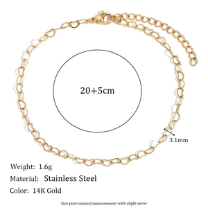 14K gold plated stainless steel heart chain anklet with hollow heart link design