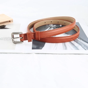 Detail of a brown leather belt with a silver metal buckle and fine stitching on a magazine