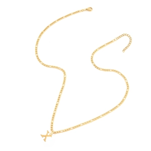 Golden Figaro chain necklace with a capital letter X pendant on white background