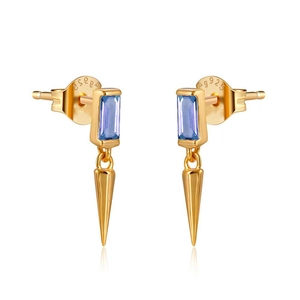Detailed macro view of S925 gold-plated earrings featuring blue zircon and cone pendants