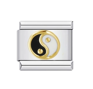 Italian charm bracelet link with gold yin yang symbol in black and white enamel