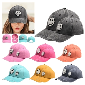 Washed cotton baseball cap with embroidered smiley face in multiple colors for adults and kids