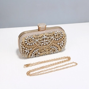 Luxurious champagne gold floral rhinestone evening clutch bag with detachable chain