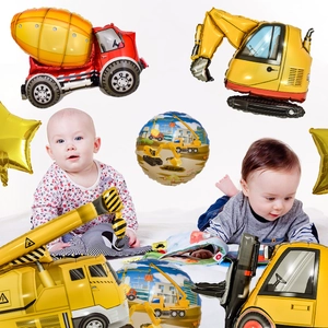 Construction vehicle party balloon set with excavators, cranes and cement trucks