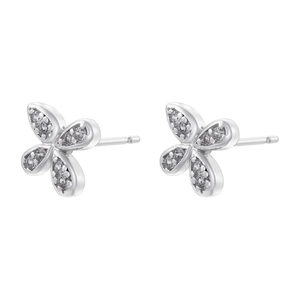 Detail view of silver flower stud earrings with sparkling cubic zirconia pavé stones