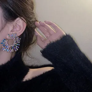 Exaggerated Starburst Drop Earrings Alloy AB Multicolored Rhinestones With Silver Earring Post Retro Party Evening