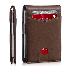 Brown leather wallet detail showing card slots and metal money clip on white background