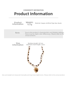 Size chart showing dimensions for heart tiger eye stone necklace with gold plating
