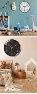 Detail view of silent 12-inch quartz wall clocks in modern black and white home settings
