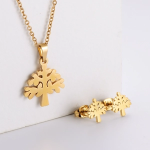 Tree Of Life Christmas Tree Necklace And Stud Earrings Jewelry 18K Gold Plated 316L Stainless Steel Hollow Design Women