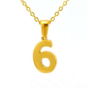 Polished gold stainless steel necklace featuring a minimalist Arabic number 6 pendant
