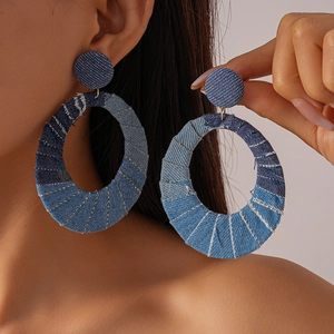 Oval Hoop Earrings Denim Fabric Patchwork Design Alloy Jewelry With 925 Sterling Silver Earring Post Retro Bohemian Women