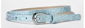 Close-up of sparkling blue sequin belt with silver buckle on a clean white background