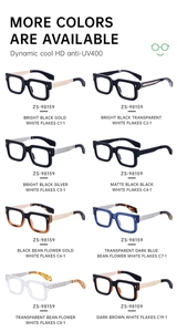 Detailed grid showing square optical frames in various colors including matte black and blue