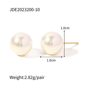 Detail view of 10mm iridescent white pearl earrings with gold pins and weight specs