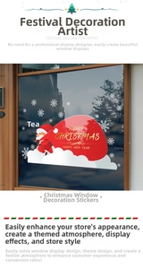 Detail of Santa Claus and gift bag static stickers on a festive glass window display