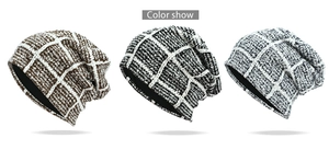 Detailed knit texture and color selection of winter beanies in plaid and marled styles