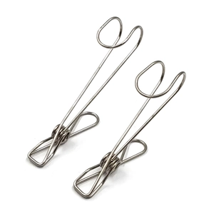 Pair of stainless steel wire spring clips with long hooks on a white background