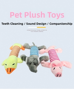 Close-up of duck, elephant, and pig plush dog toys with striped patterns for chewing