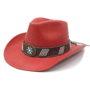 Red woven western cowboy hat with vintage metal flower buckle and beaded leather band
