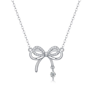Elegant S925 sterling silver bow necklace with tassel pendant and cubic zirconia