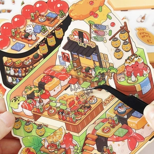Japanese sushi shop themed DIY stickers with colorful cats and food illustrations